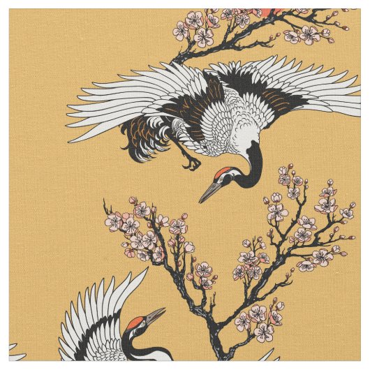 鶴日本の鳥及び咲き桜 ファブリック (クローズアップ)