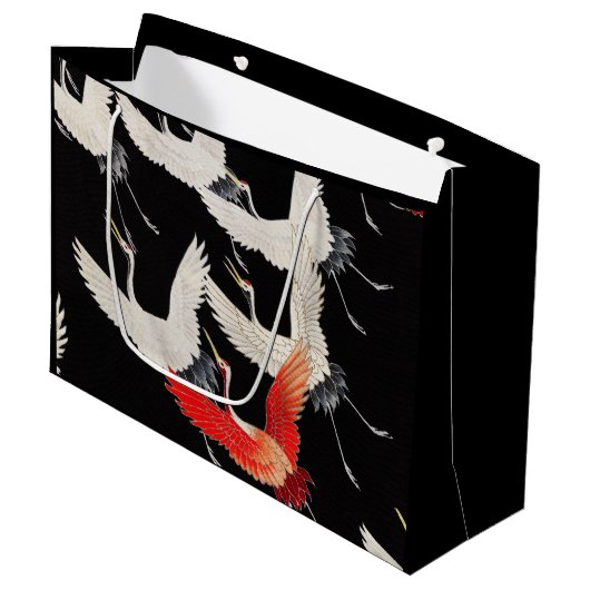 鶴飛んでいる：鳥日本のの着物アート ラージペーパーバッグ (正面アングル)