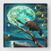 鷲が月光に照らされて枝に止まった スクエア壁時計 (正面)