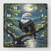 鷲が月光に照らされて枝に止まった スクエア壁時計 (正面)
