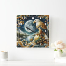 鷲が満月の下の枝に止まった