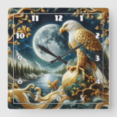 鷲が満月の下の枝に止まった スクエア壁時計 (正面)