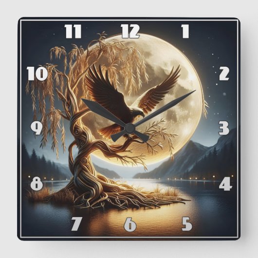 鷲が満月の下の枝に止まった スクエア壁時計 (正面)