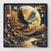 鷲が満月の下の枝に止まった スクエア壁時計 (正面)