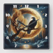 鷲が満月の下の枝に止まった スクエア壁時計 (正面)