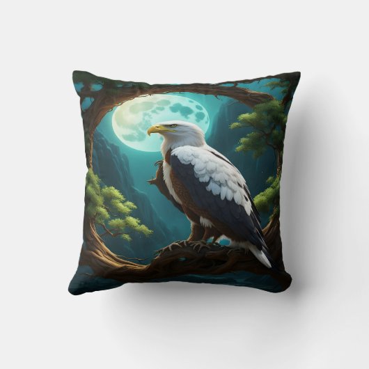 鷲が満月の夜の下の枝に止まった クッション (裏面)