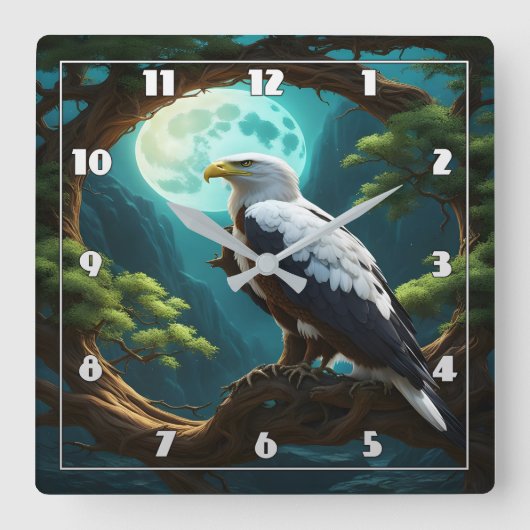 鷲が満月の夜の下の枝に止まった スクエア壁時計 (正面)
