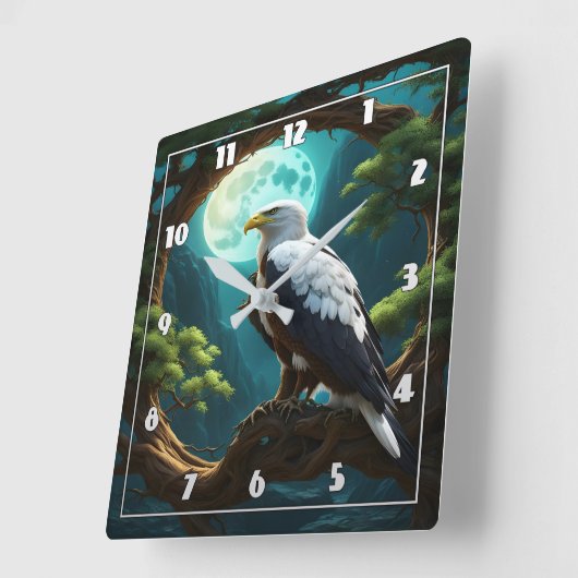 鷲が満月の夜の下の枝に止まった スクエア壁時計 (傾斜)