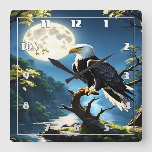 鷲が穏やかに満月の下の枝に止まった スクエア壁時計 (正面)