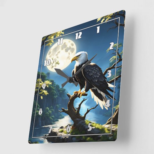 鷲が穏やかに満月の下の枝に止まった スクエア壁時計 (傾斜)