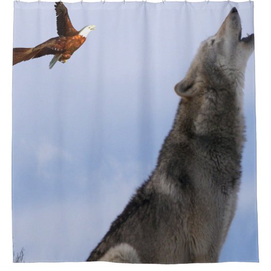 鷲の狼プレーン青のシャワーカーテン シャワーカーテン (正面)