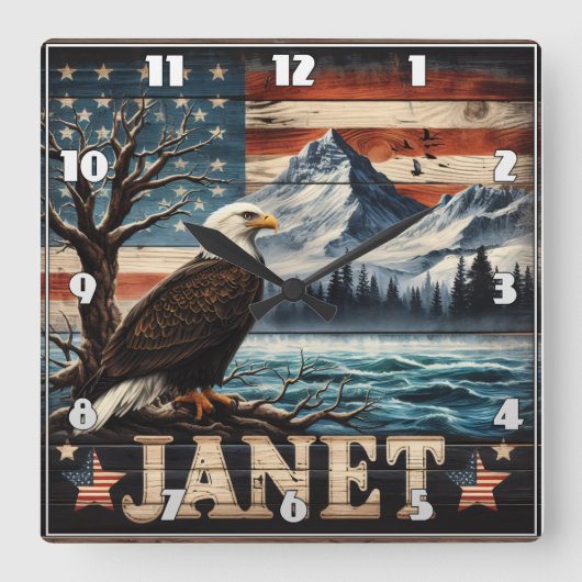 鷲は山と旗の上を飛ぶ スクエア壁時計 (正面)