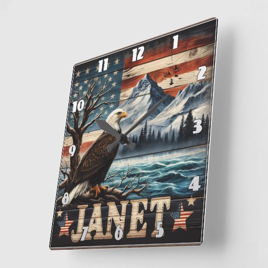 鷲は山と旗の上を飛ぶ スクエア壁時計 (傾斜)