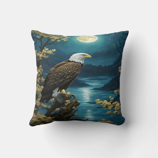 鷲は満月の下、川の上に止まった クッション (裏面)