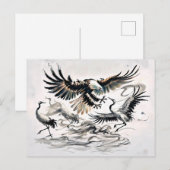 鷹が鶴を狩る中国の墨絵 ポストカード (正面/裏面)
