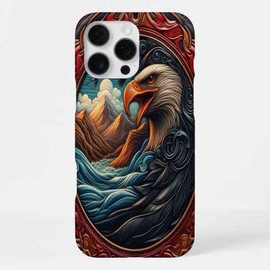 鷹と自然の複雑な革の彫刻 iPhoneケース (裏面)