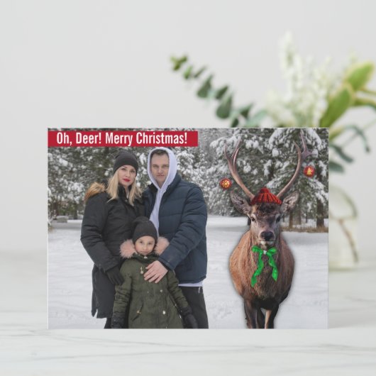 鹿おもしろいの写真とクリスマスのカスタム写真 シーズンカード (スタンド正面)