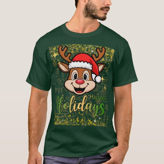 鹿がおもしろい幸せな休日を望む Tシャツ (正面)