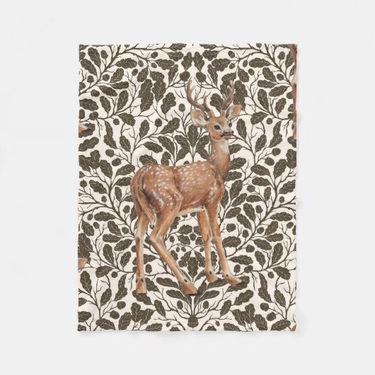 鹿が茶色の装飾用オークのダマスク模様 フリースブランケット (正面)