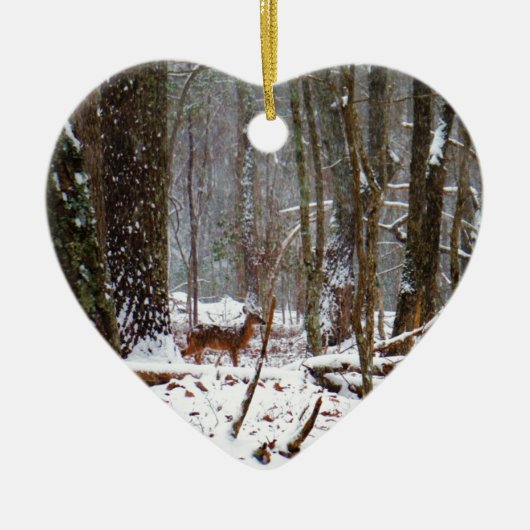 鹿が雪の中に秋 セラミックオーナメント (正面)