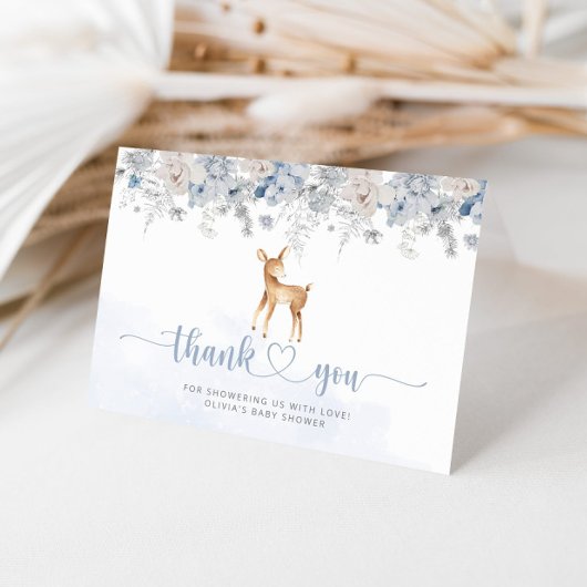 鹿さんブルーシルバー男の子ベビーシャワー感謝カード サンキューカード