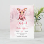 鹿ちゃんだわ!冬の森にいるかわいいピンクの鹿 招待状 (スタンド正面)