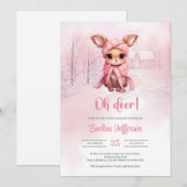 鹿ちゃんだわ!冬の森にいるかわいいピンクの鹿 招待状 (正面/裏面)