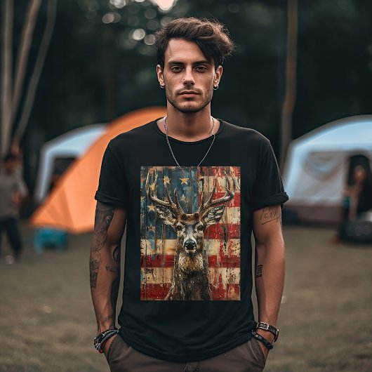鹿とアメリカ国旗 Tシャツ