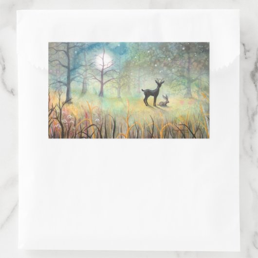 鹿とウサギのファンタジー野生動物アート 長方形シール (バッグ)