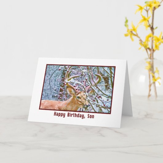 鹿とカニの誕生日が入った息子のリンゴのカード カード (黄色い花)