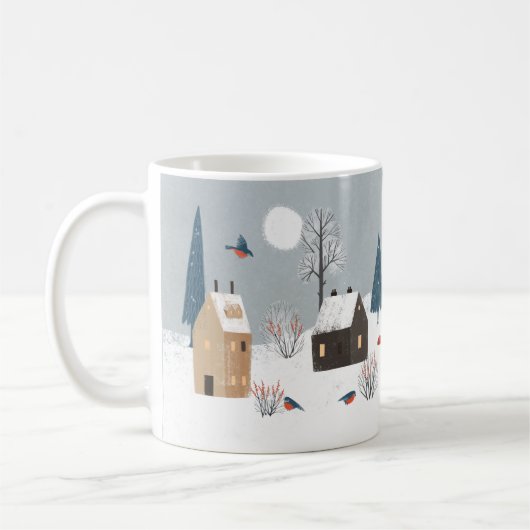 鹿とキツネと鳥のマグカップのある国の冬 コーヒーマグカップ (左)