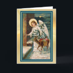 鹿とギフトエンジェルVintage Christmas Card シーズンカード<br><div class="desc">ここには、リンゴや人形のバスケットを持つ小さな鹿の天使を示す美しいヴィンテージの運クリスマスカードのイメージがある。天使はクリ運スマスの木で、ドアをノックする準備ができている。イメージはクリーンアップされ、金ゴールドライトが注入された背景に配置され、青縁ど色である。古い祝道でおもしろいファッションド!このカー離れドの内側は青に一致し、右側はメッセージと署名に対する簡単を保持している。</div>