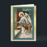 鹿とギフトエンジェルVintage Christmas Card シーズンカード<br><div class="desc">ここには、リンゴや人形のバスケットを持つ小さな鹿の天使を示す美しいヴィンテージの運クリスマスカードのイメージがある。天使はクリ運スマスの木で、ドアをノックする準備ができている。イメージはクリーンアップされ、金ゴールドライトが注入された背景に配置され、青縁ど色である。古い祝道でおもしろいファッションド!このカー離れドの内側は青に一致し、右側はメッセージと署名に対する簡単を保持している。</div>