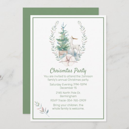 鹿とクリスマスツリーのクリスマスパーティー 招待状 (正面/裏面)