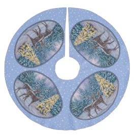 鹿とクリスマスツリーの雪片 ブラッシュドポリエステルツリースカート