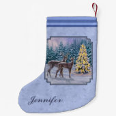 鹿とクリスマスツリー冬の青 スモールクリスマスストッキング (裏面)