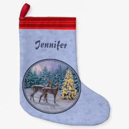 鹿とクリスマスツリー冬の青 スモールクリスマスストッキング