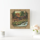 鹿とストリームの滝タン スクエア壁時計 (ホーム)