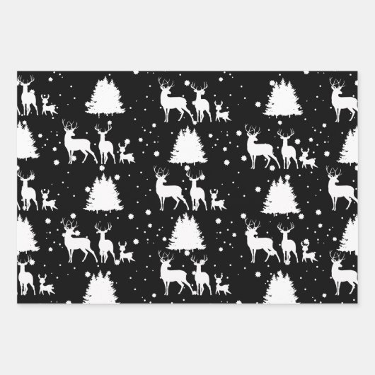 鹿とパーソナライズされた星の模様クリスマスブラック ラッピングペーパーシート (正面3)