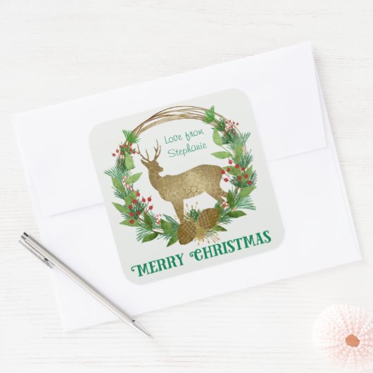 鹿とパーソナライズされた松バフクリスマスリース スクエアシール (封筒)