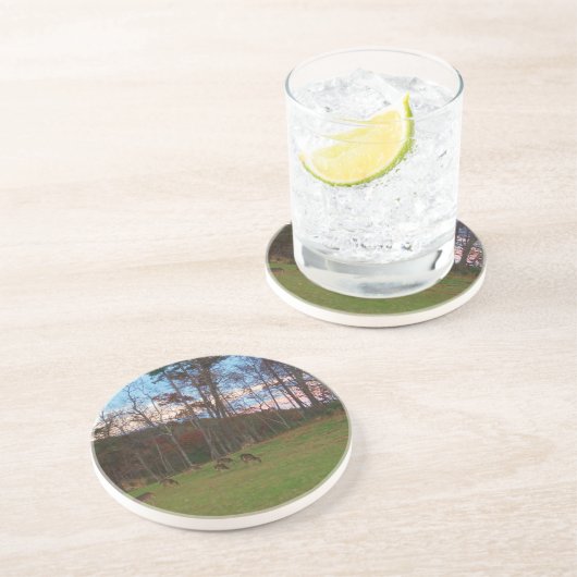 鹿とピンクのサンセットのフィールド コースター (側面)