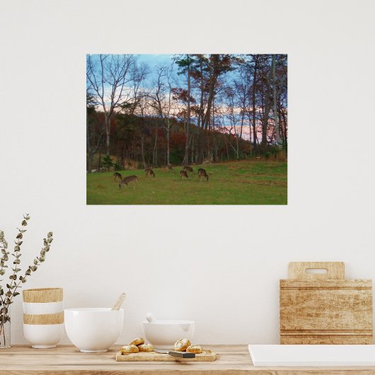 鹿とピンクのサンセットのフィールド ポスター (キッチン)