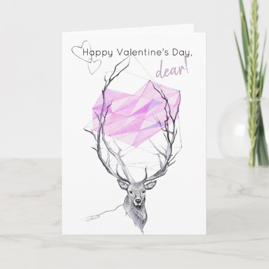 鹿とピンクの幾何学ハートバレンタインデー シーズンカード (正面)