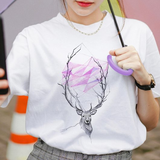 鹿とピンクの幾何学的ハートエレガントアニマルアート Tシャツ