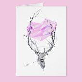 鹿とピンクの幾何学的ハートスケッチアートカード