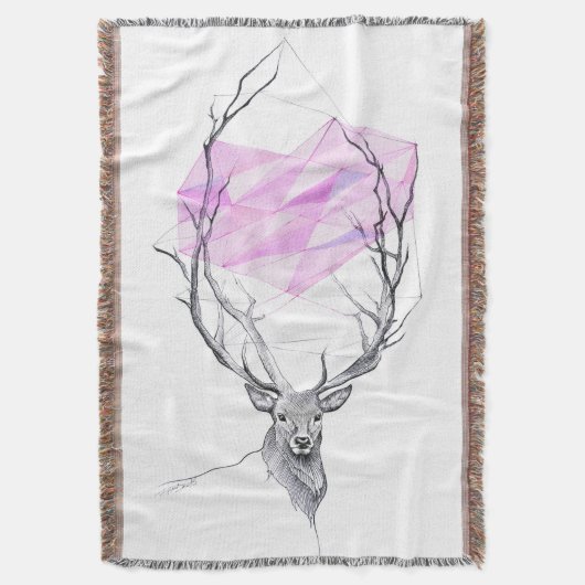 鹿とピンクの幾何学的ハートスケッチ動物アート スローブランケット (正面縦)