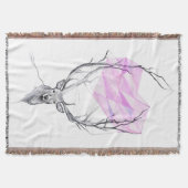 鹿とピンクの幾何学的ハートスケッチ動物アート スローブランケット (正面)