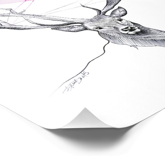 鹿とピンクの幾何学的ハートスケッチ動物アート フォトプリント            (角)