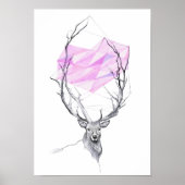 鹿とピンクの幾何学的ハートスケッチ動物アート ポスター (正面)