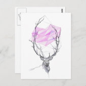 鹿とピンクの幾何学的ハートスケッチ動物画 ポストカード (正面/裏面)